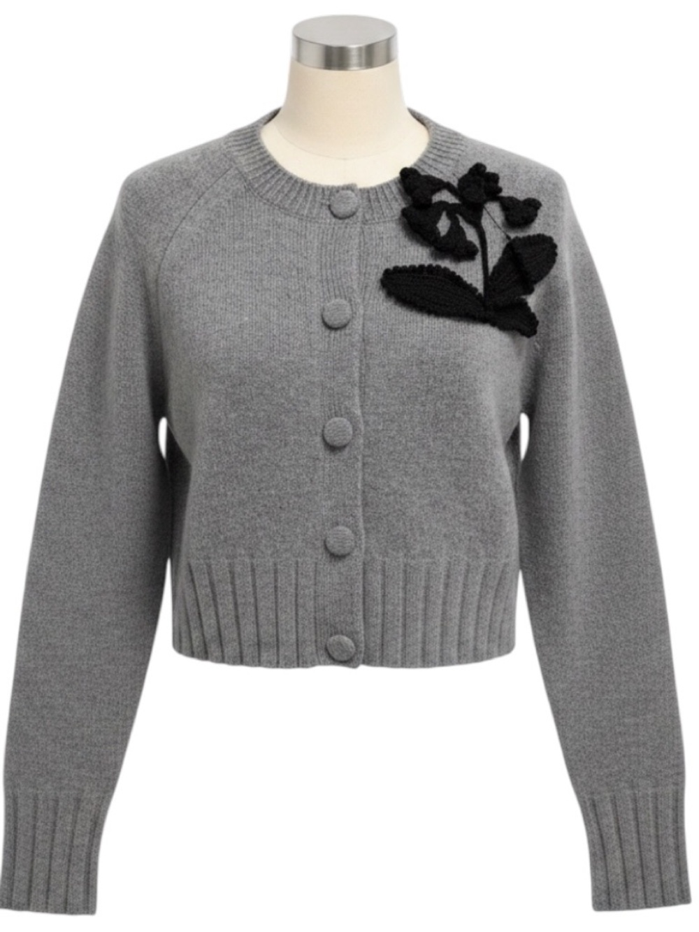 ERDEM GREY CROPPED WOOL KNIT CARDIGAN SWEATER WITH BLACK EMBROIDERY